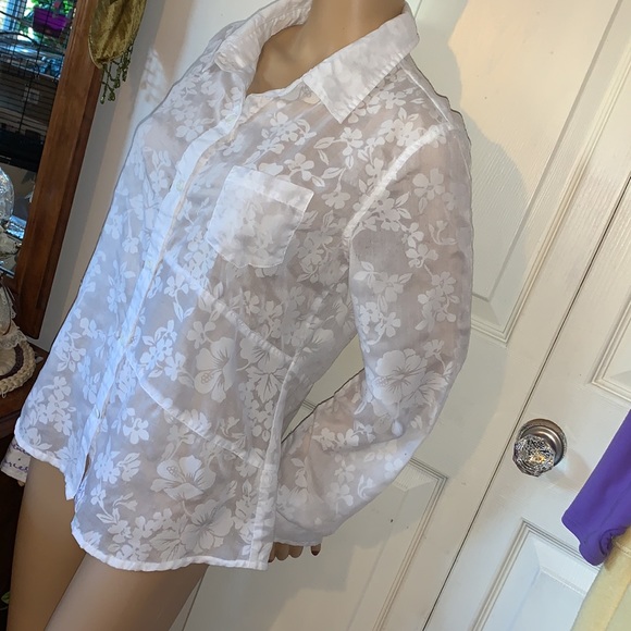 Vintage West Beach sheer white hibiscus flower button down shirt blouse top M - Picture 11 of 15